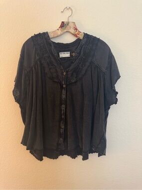 Free People Washed Black Button-Front Ruffle Detail Blouse